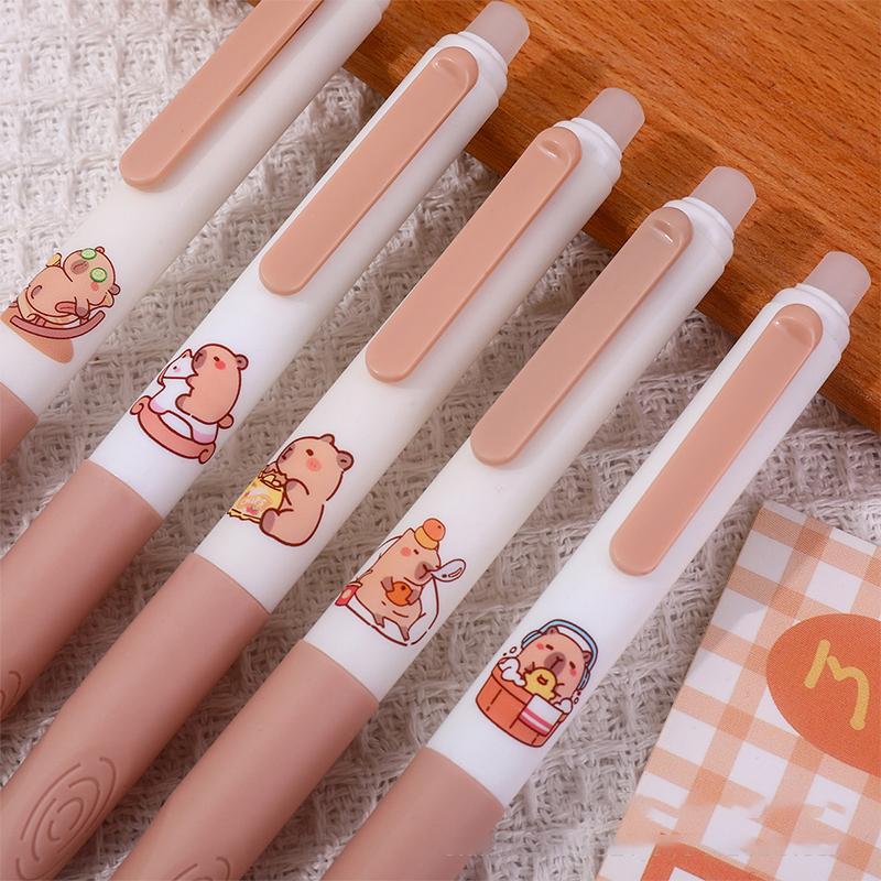 Lot de 5 stylos gel Capybara mignons, stylos effaçables bleus à séchage rapide, fournitures scolaires et de bureau, papeterie esthétique Kawaii