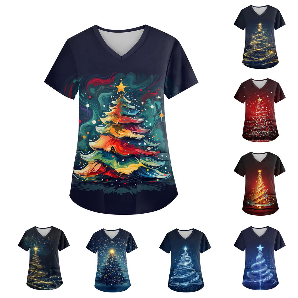 Women's V-neck Christmas Print Short-sleeved Pocket Side Slit Uniform Top