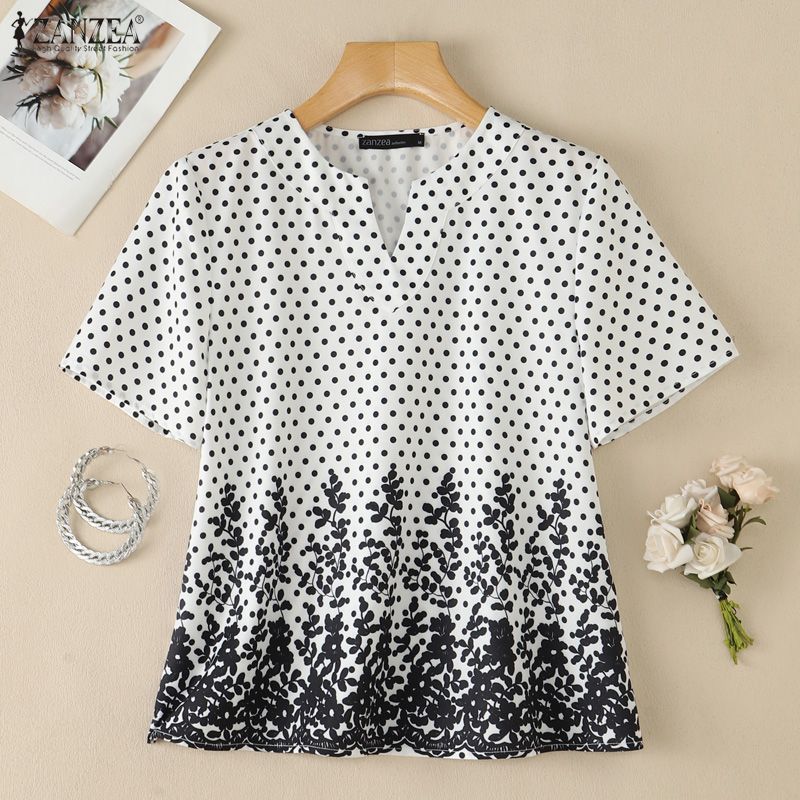 ZANZEA Women Polka Dot Print Casual V-Neck Loose Short Sleeve Blouse