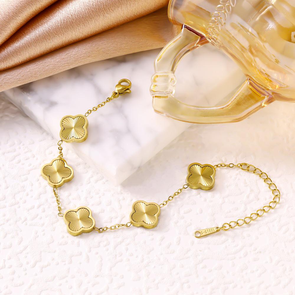 18K Gold-Plated Four-Leaf Clover Titanium Steel Bracelet for Women - Elegant 13mm Frosted Design