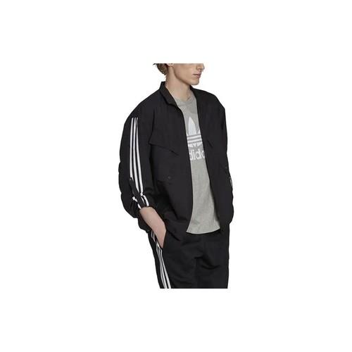 adidas Striped Logo Print Zip-Up Workwear Stand Collar Jacket for Men, Black