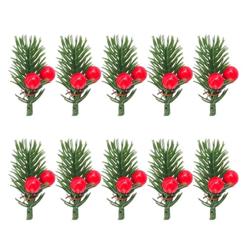 

10PCS Green Artificial Pine Branches DIY Accessories Home Decoration Christmas Red Berries Stems Plastic Floral Arrangement