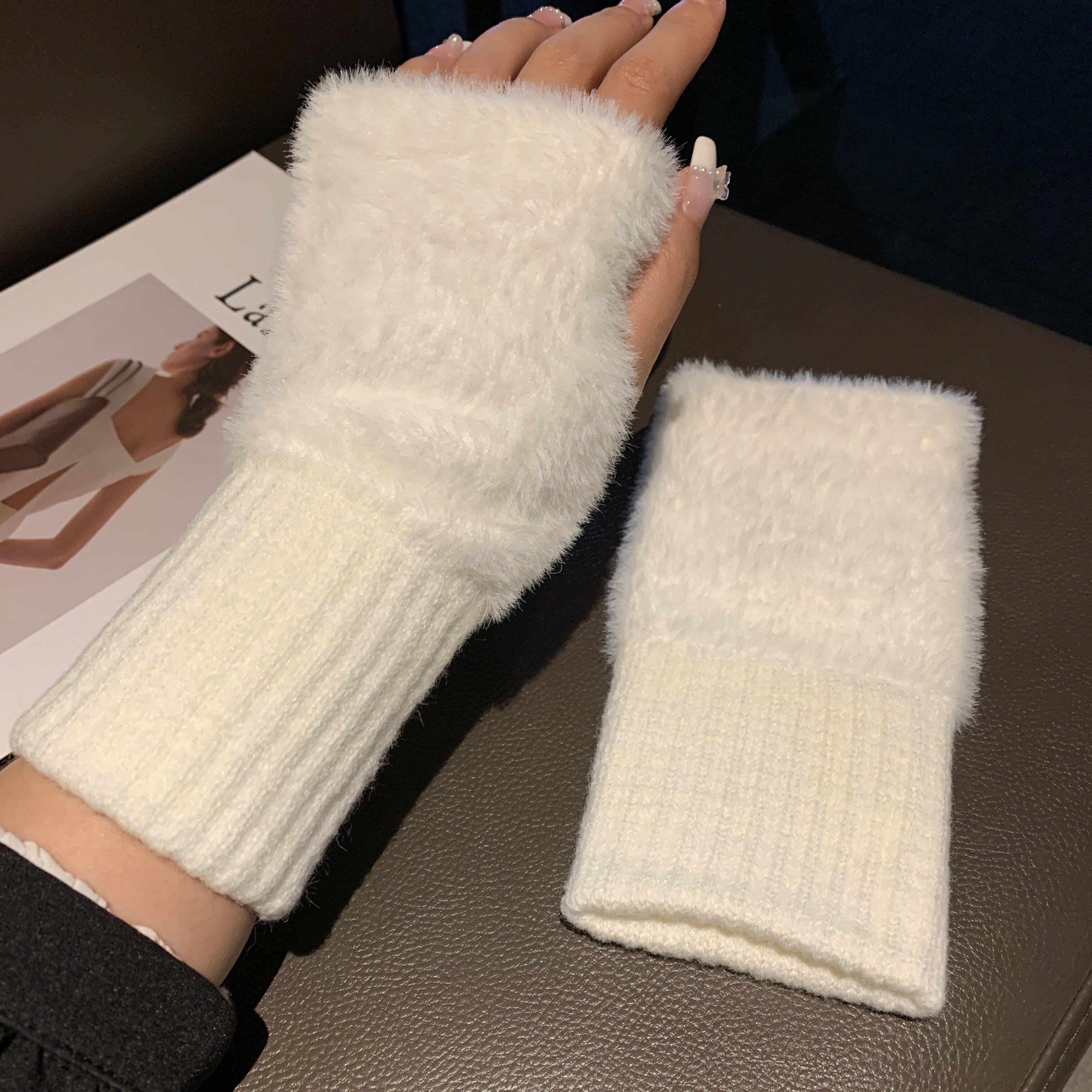 1 Pair of Soft Autumn and Winter Half-Finger Gloves,Knitted Warm Fingerless Gloves, Women s Plush Winter Fingerless Gloves One Size белый