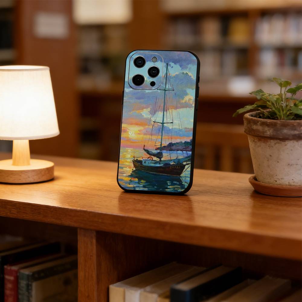 Oil painting sailboat Phone Case For iPhone 17,16,15,14,13,12,11 Plus,Pro Max,XS,Soft Silicone Black Cover
