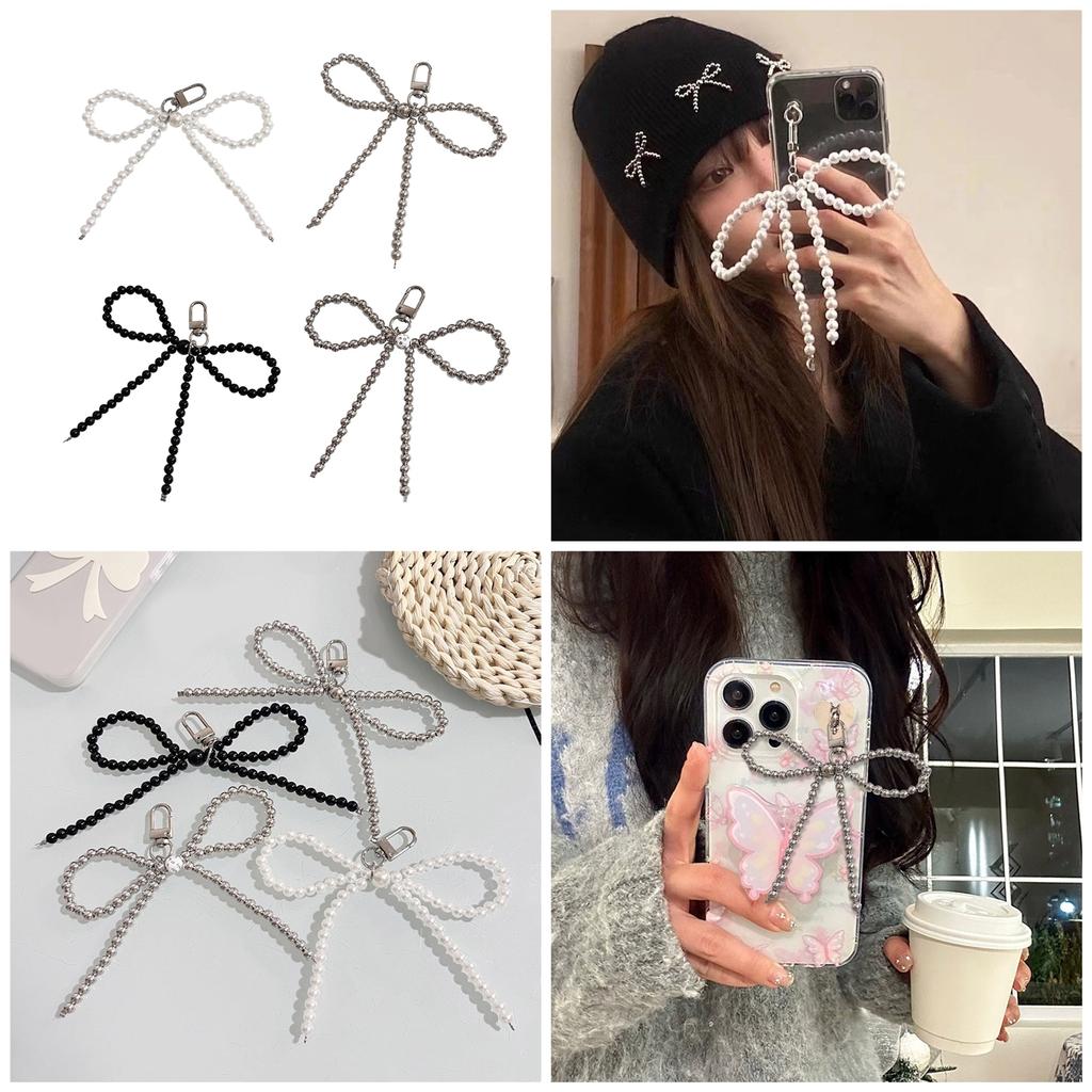 Cute Bowknot Beaded Pendant Cellphone Charm Phone Chain Functional Keychain Ornament Keyring for Bag Purse Backpack