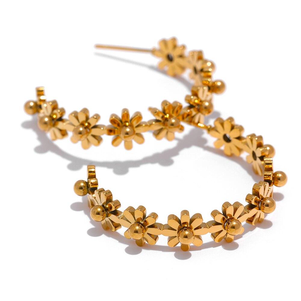 Yhpup Stainless Steel Round Flower Hoop Earrings Fashion Golden Metal Trendy Texture Jewelry Party Gift Waterproof Women