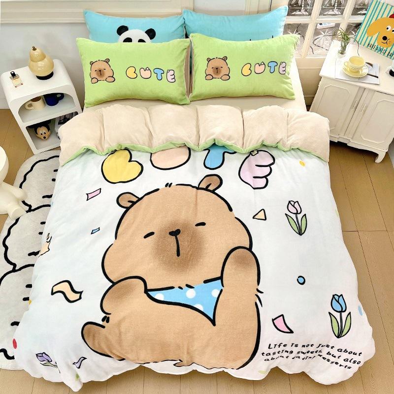 Thickened Milk Fleece Four-Piece Set, Fleece Astronaut Flange Coral Fleece Children'S Bed Sheet Quilt Cover Three-Piece Set Men