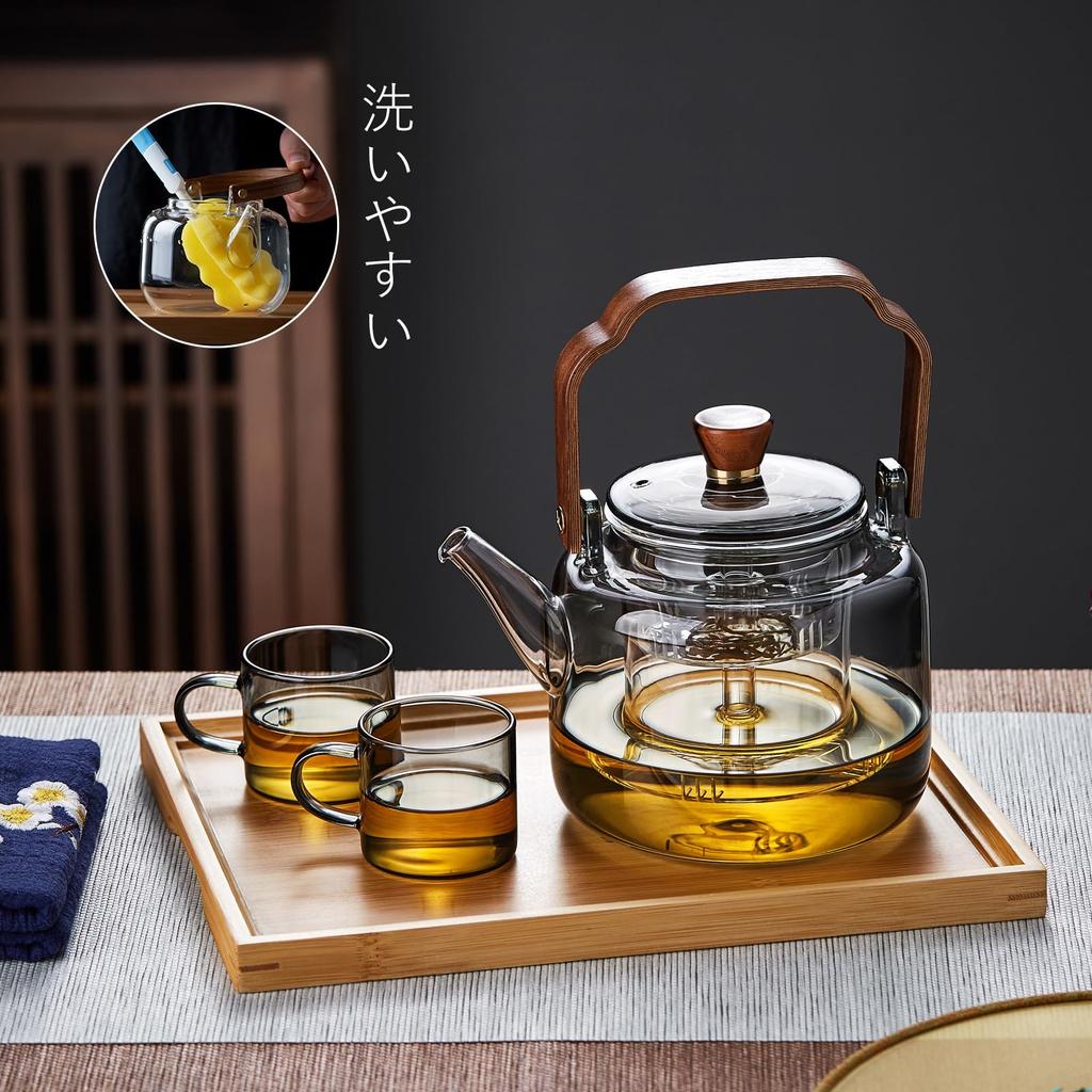 Pokaro Tea Heat-Resistant Glass Teapot, 1140ml, Integrated Steaming Function, Ink-Colored Design, Glass Tea Strainer, Wooden Handle, Stovetop Safe,