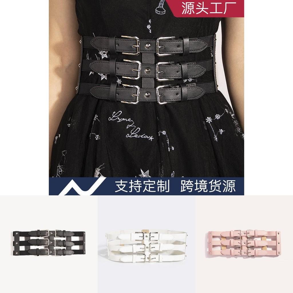 Dark Fashion Punk Waist Belt With Threerow Buckles For Edgy Urban Look