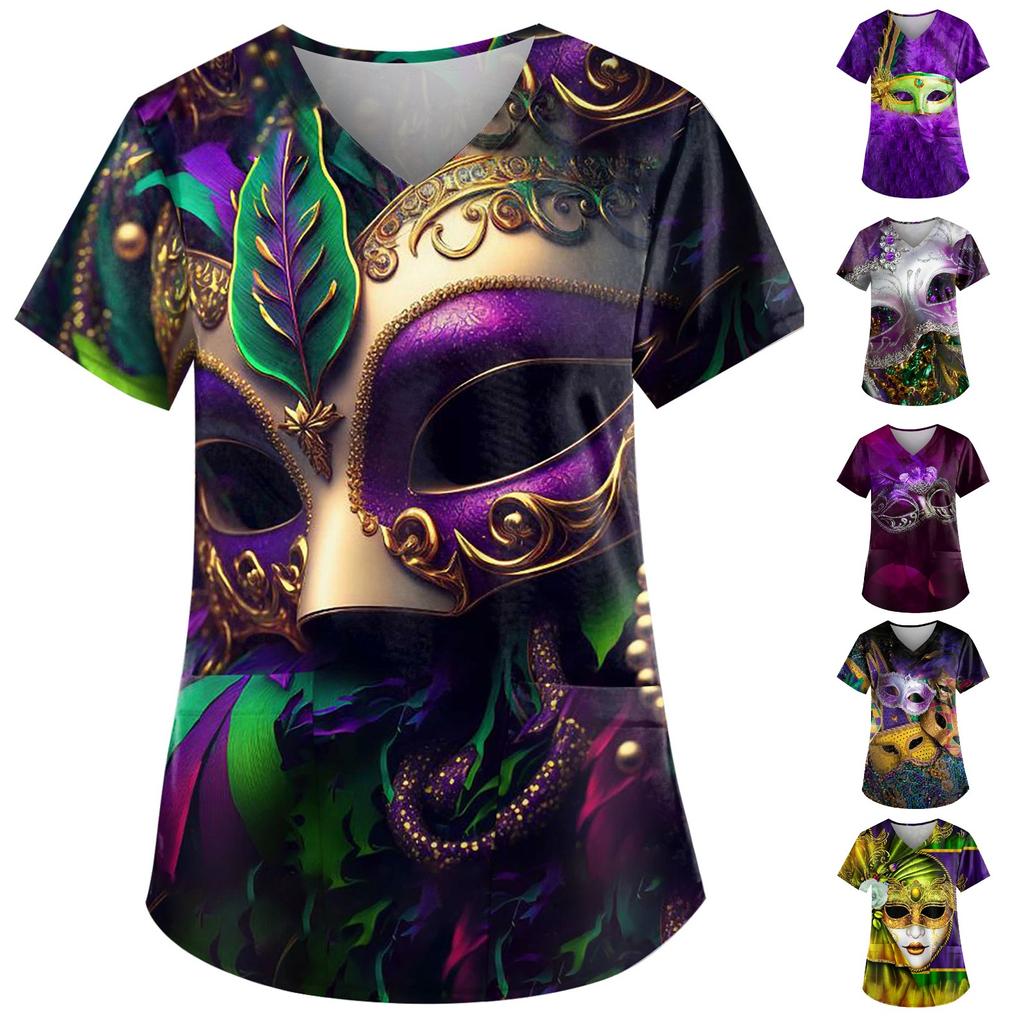 Women's Carnival Themed Outfit Party Mask Pattern Caregiver Top