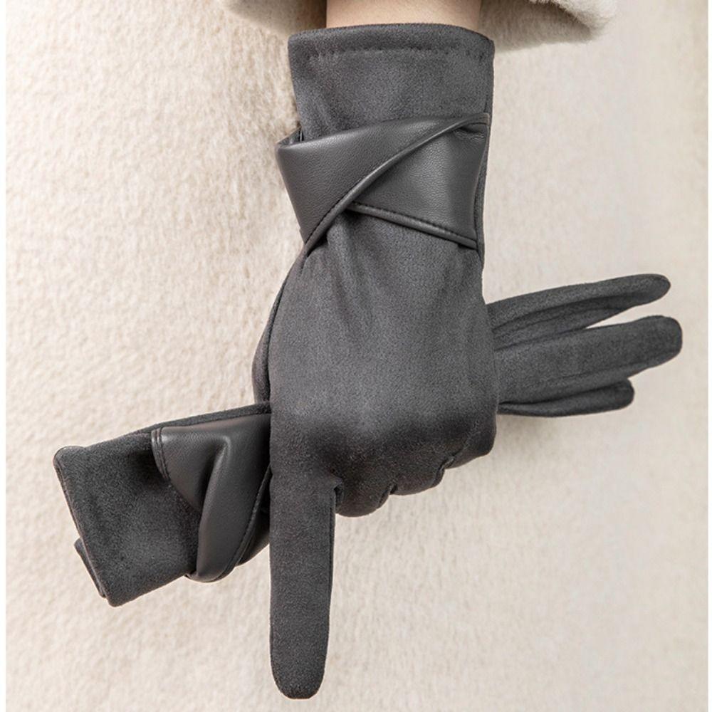 Soft Winter Suede Gloves Thick Women Cycling Mittens Cute Pu Leather Gloves  Autumn
