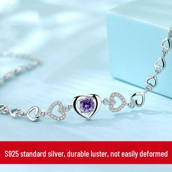 Zhenrong 925 Silver Heart Bracelet with Purple & White Diamonds