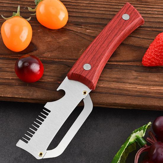 Grönsaksskalare med trähandtag Rostfritt stålblad Köksredskap Inbyggd flasköppnare Skalare för att skala och skiva grönsaker