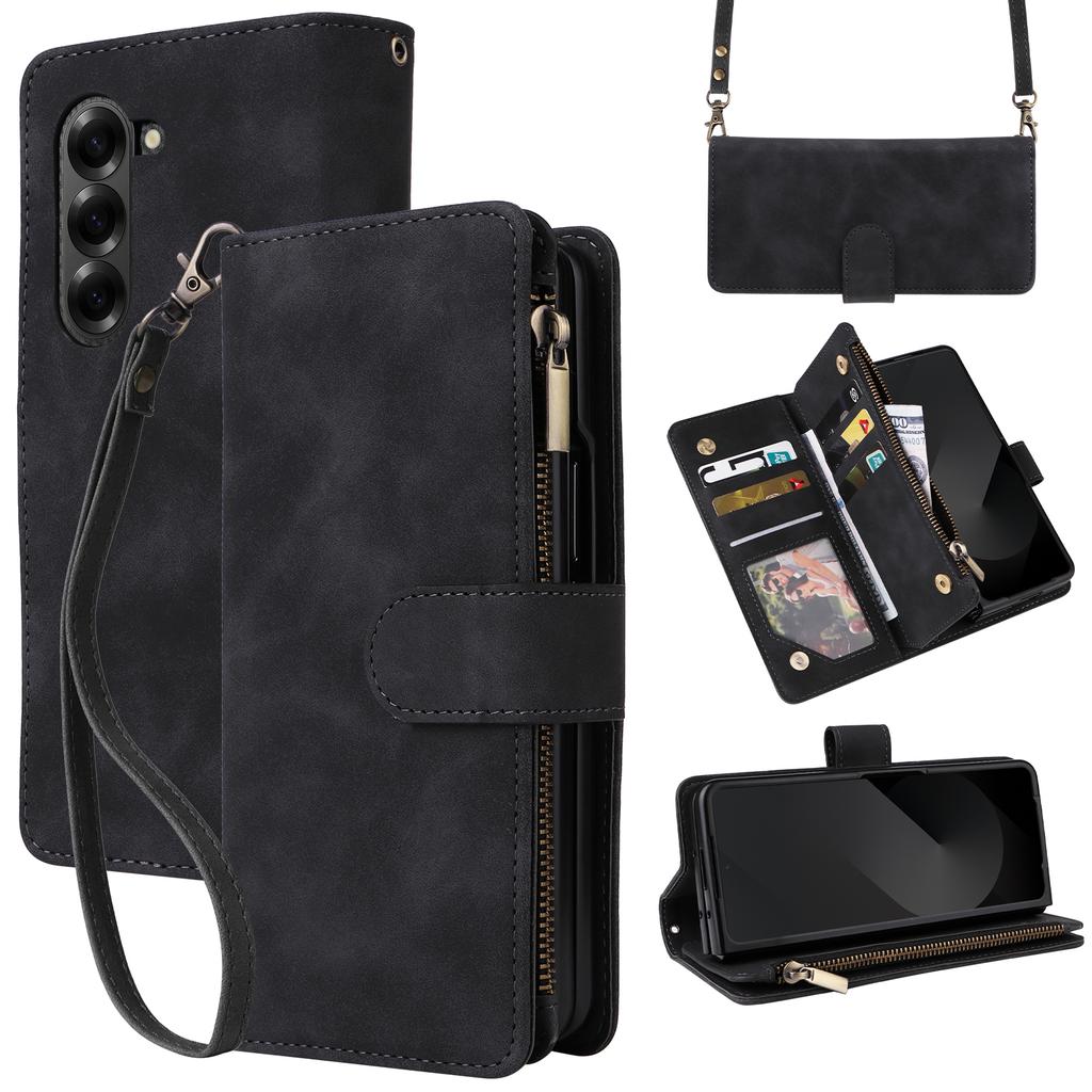 For Samsung Galaxy Z Fold6 5G Case Zipper Multi-Pocket Wallet Leather Phone Cover with Shoulder and Wrist Straps
