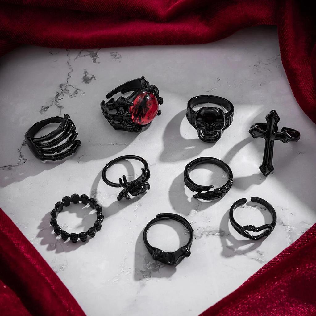 6Pcs/Set Goth Vintage Skeleton Skull Antique Silver Color Rings Set Unisex Punk Carved Knuckle Jewelry Accessories Steampunk Men