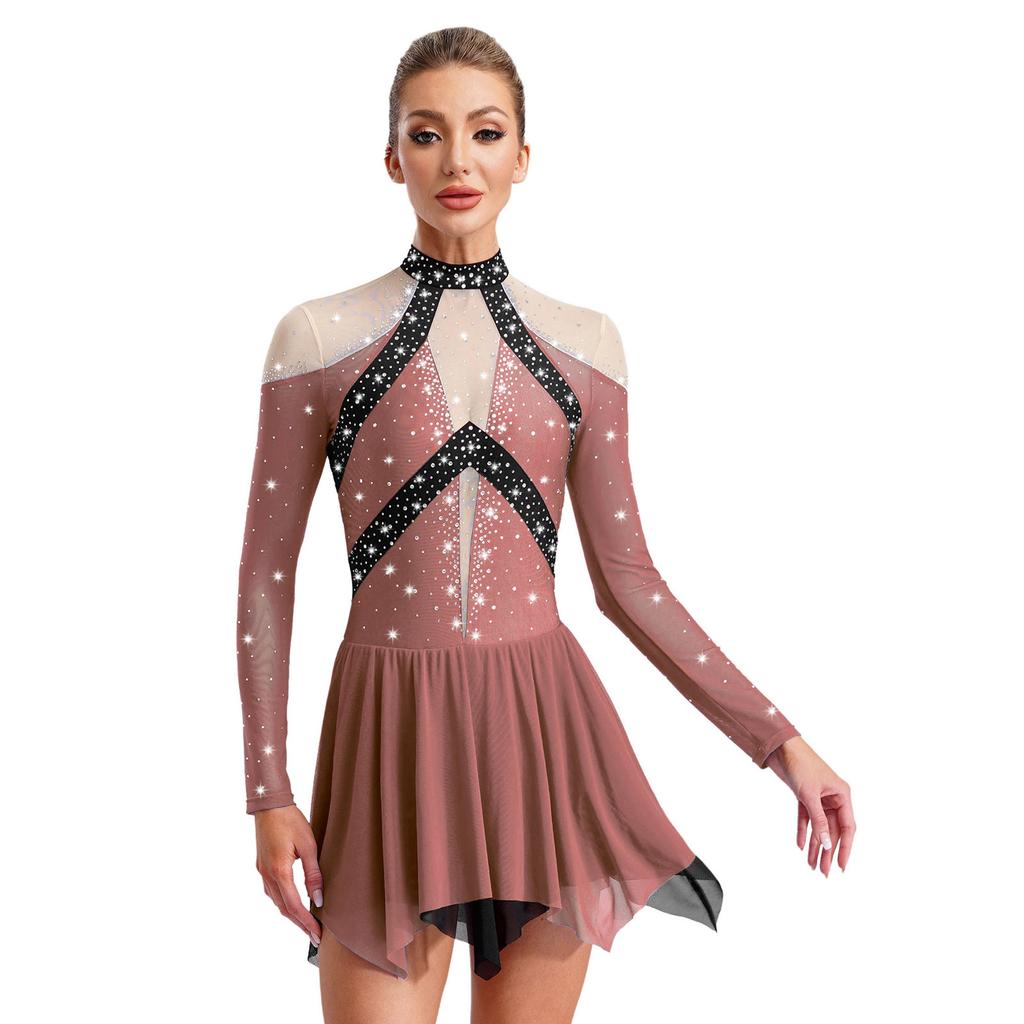 Damska sukienka do tańca lirycznego, blok kolorów, przezroczysta siateczka patchwork, błyszczące cyrkonie, asymetryczna odzież taneczna