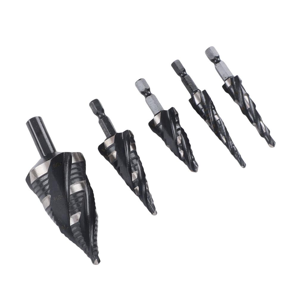 5Pcs Step Drill Bit Set 4 Spiral Flute HSS Bits 1 8in 1 3 8in with 1 4in 3 8in Hex Shank for Stainless Steel Aluminum
