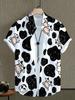 Men's Folded Collar Short Sleeve Shirt 3D Print Black and White Cow Spot Cartoon Pattern Fun Casual Top