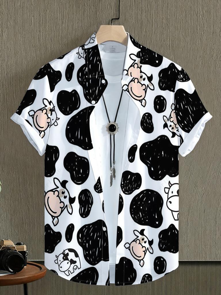 Men's Folded Collar Short Sleeve Shirt 3D Print Black and White Cow Spot Cartoon Pattern Fun Casual Top