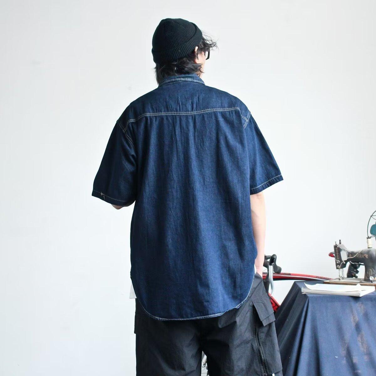 

Японский ретро модный бренд летняя свободная джинсовая рубашка с короткими рукавами художественная молодежная рабочая рубашка мужская и женская многослойная куртка 2XL темно-синий