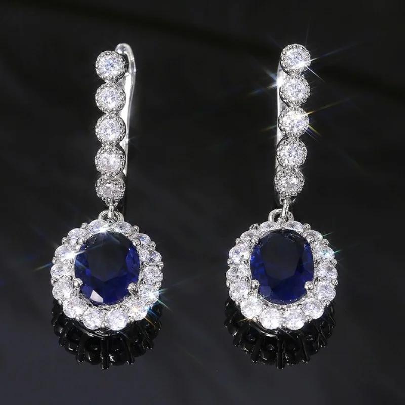 

2026 Elegant Women Drop Earrings High Quality Copper Color Inlaid Blue/White Zirconia Classic Wedding Engagement Party Zircon