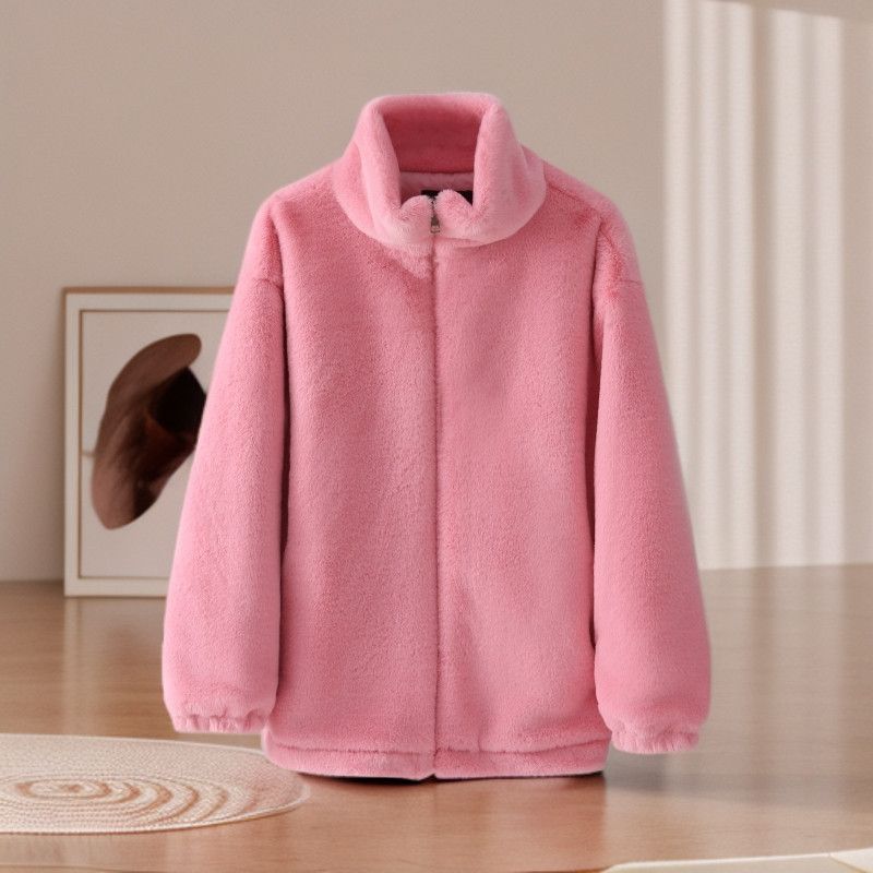 Women's Coral Fleece Jacket Autumn Winter Loose Warm Plush Jacket Stand Collar Thick Cotton Plush Jacket