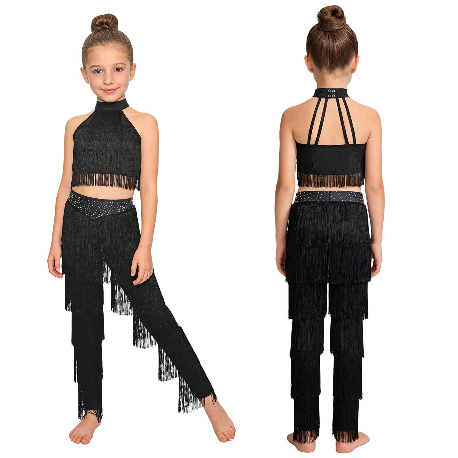 

Kids Girls Salsa Latin Dance Crop Top Sleeveless Strappy Back Tiered Tassels with Elastic Waistband Fringe Pants for Stage Performance 5-6 Years чёрный