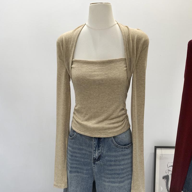 Langman Korean Women s Square Neck Tencel Waist-Cinching Long Sleeve Autumn Top M