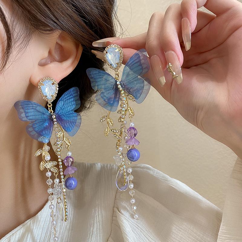 Pink Butterfly Earrings With Long Tassel Sparkly Zircon Crystal Imitation Pearl Beads Earrings Light Luxury Party Ear Jewelry K-