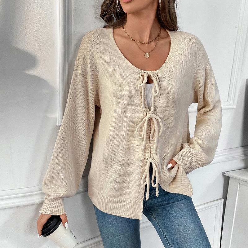 2026 Autumn/Winter Casual Retro Lace-up Round Neck Knit Cardigan for Women