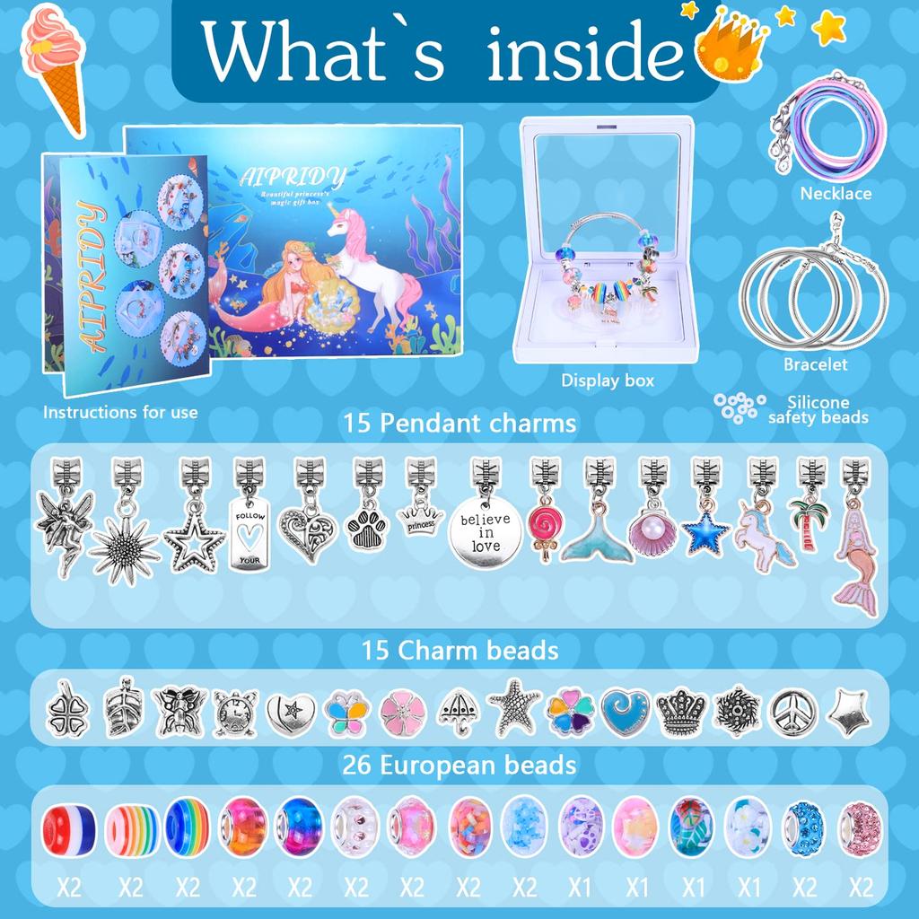 AIPRIDY Charm Bracelet Making Kit, Girls' DIY Crafts, Unicorn and Mermaid Craft Gift Kit, Suitable for Girls Ages 6-12 (72 Hulan Mermaid Crafts)