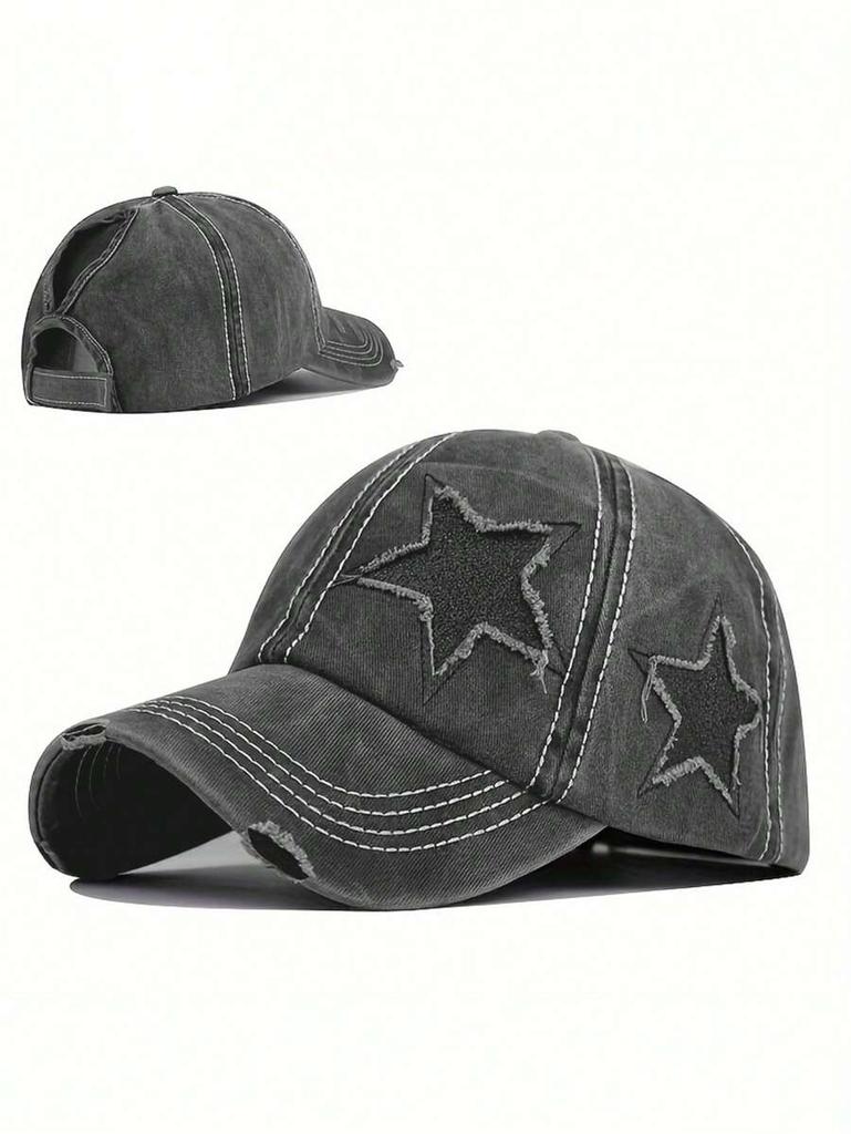 Pink Embroidered Star Washed Distressed Baseball Cap With Ponytail Opening For Women