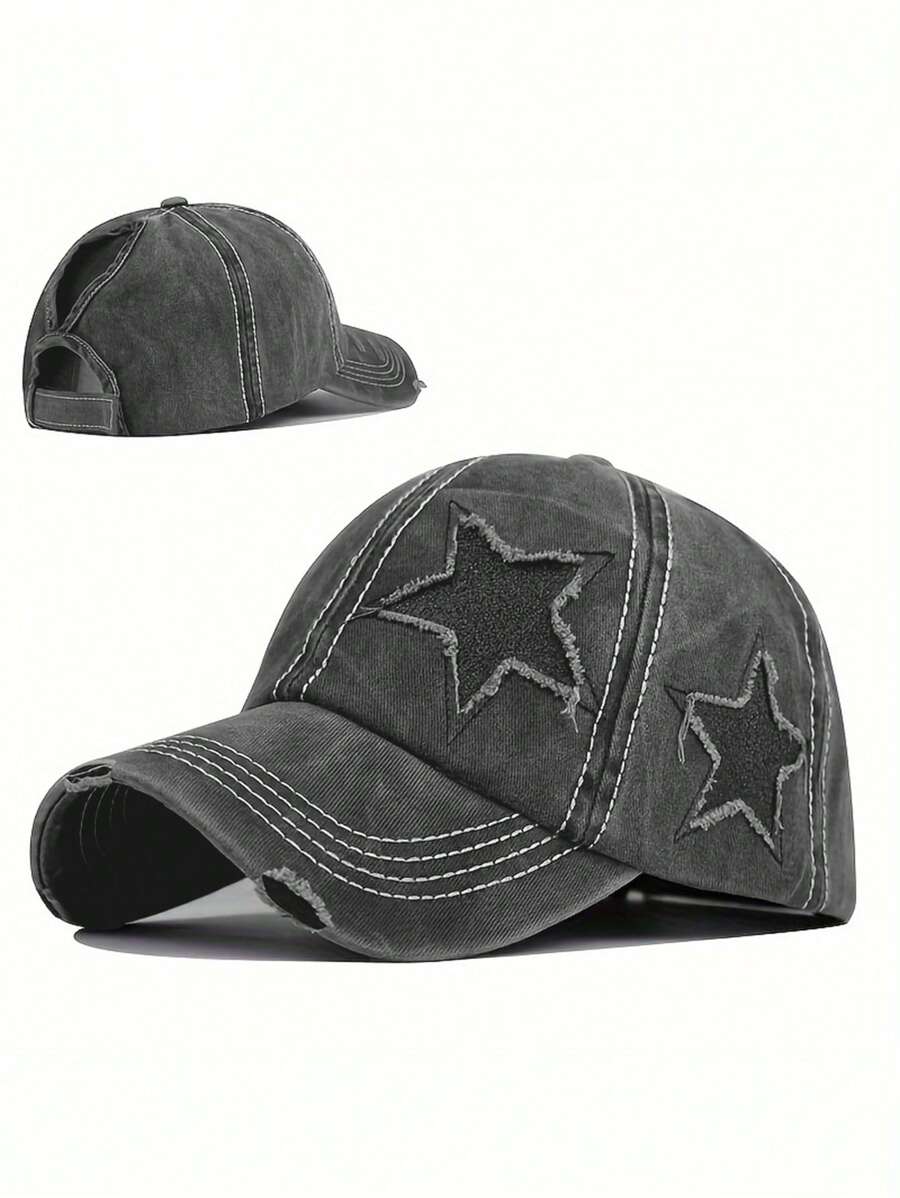 Washed Denim Baseball Cap With Embroidered Star And Ponytail Opening For Women