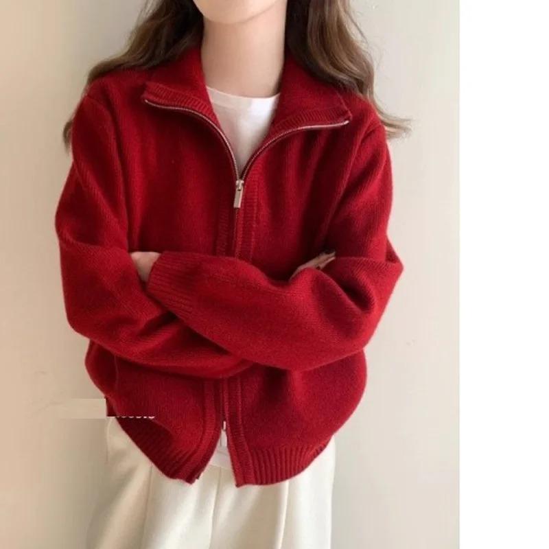 Modischer Strickmantel mit Stehkragen und Doppelreißverschluss für Damen, einfarbig, lässiger Strickcardigan im koreanischen Stil, Herbst Winter Pullover