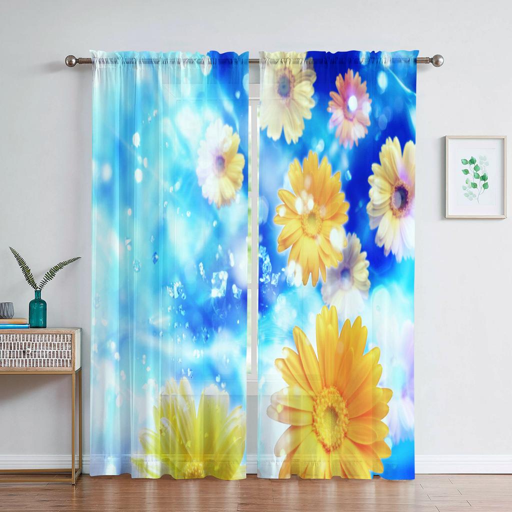 Romantyczna Różana Kwiatowa Żółte Kwiaty Przezroczysta Woalowa Zasłona do Salonu Domowej Kuchni Zielone Liście Motyl Okienna Tiulowa Zasłona