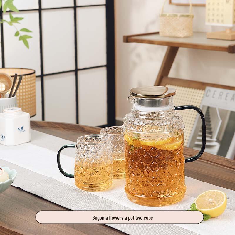 Retro Begonia Flower Glass Teacup and Pot Set