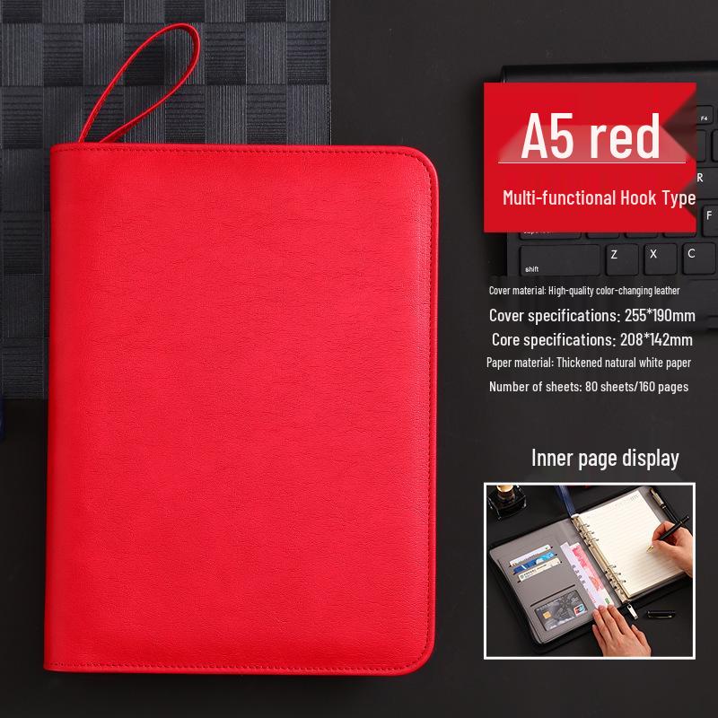 Customizable A5 PU Leather Notebook with Logo, Zipper Storage, and Loose-leaf Pages for Business Meetings