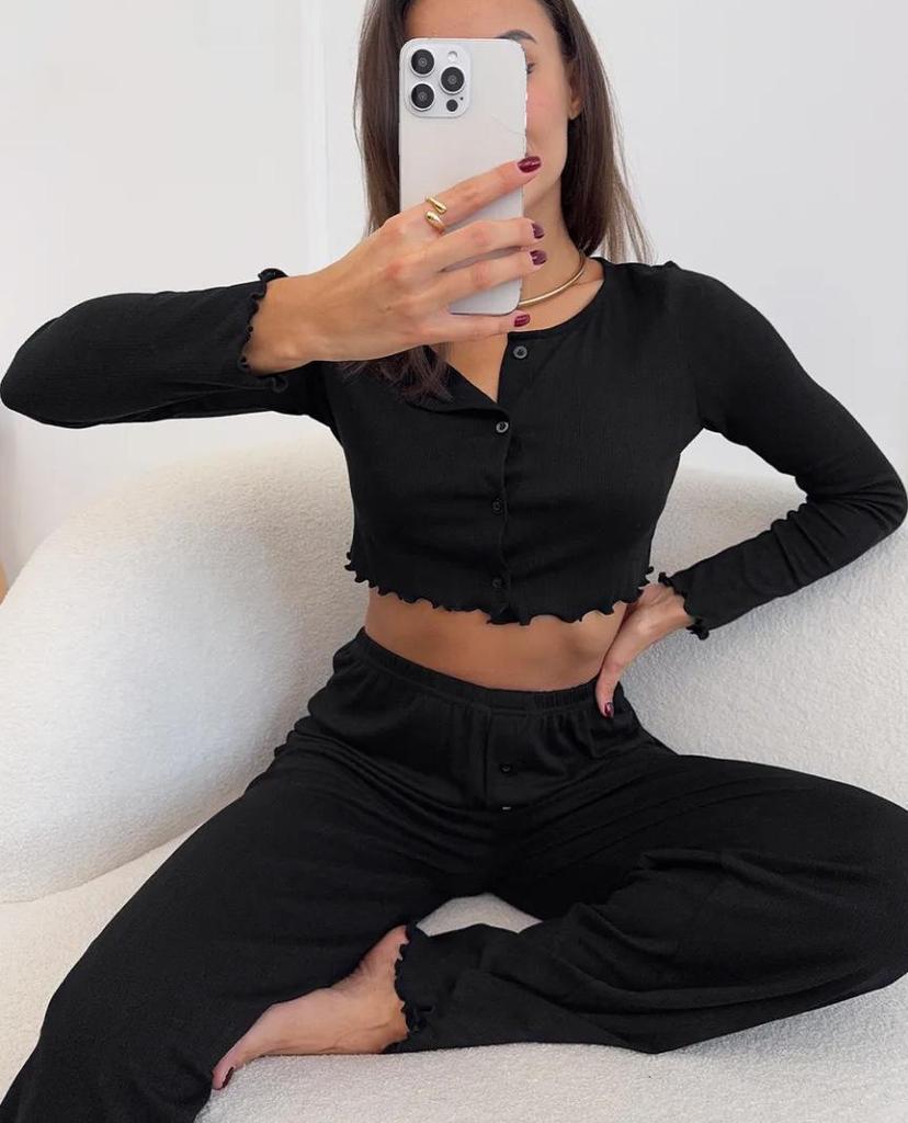 European-American Women's Long-Sleeve Knit Jacquard Top & Wide-Leg Pants Set - Casual Homewear