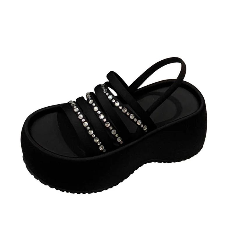 2025 Summer Platform Flats Women's Fashion Sandals Fashion Crystal Narrow Band Dress Slides Outdoor Shoes