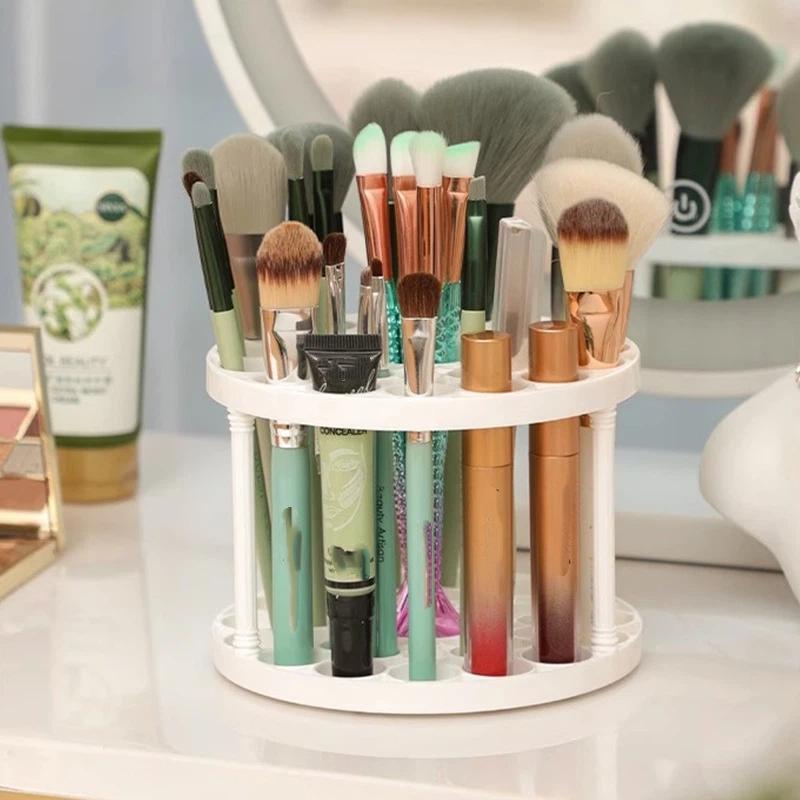 360 Rotating Makeup Brush Organizer 45 Holes Visible Large Capacity Cosmetic Storage for Home Vanity Use