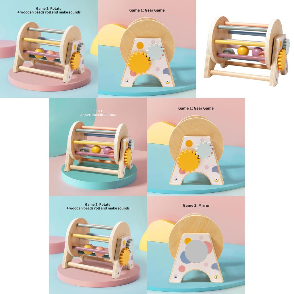 Wooden Montessori Threeinone Desktop Rattling Drum For Toddlers Educational Toy