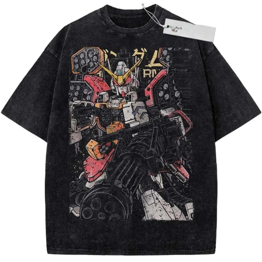 T Shirt Sports T Shirt Short Sleeve T Shirt Black Unisex Pure Cotton Washed Vintage Gundam Anime RX   Robot Print M