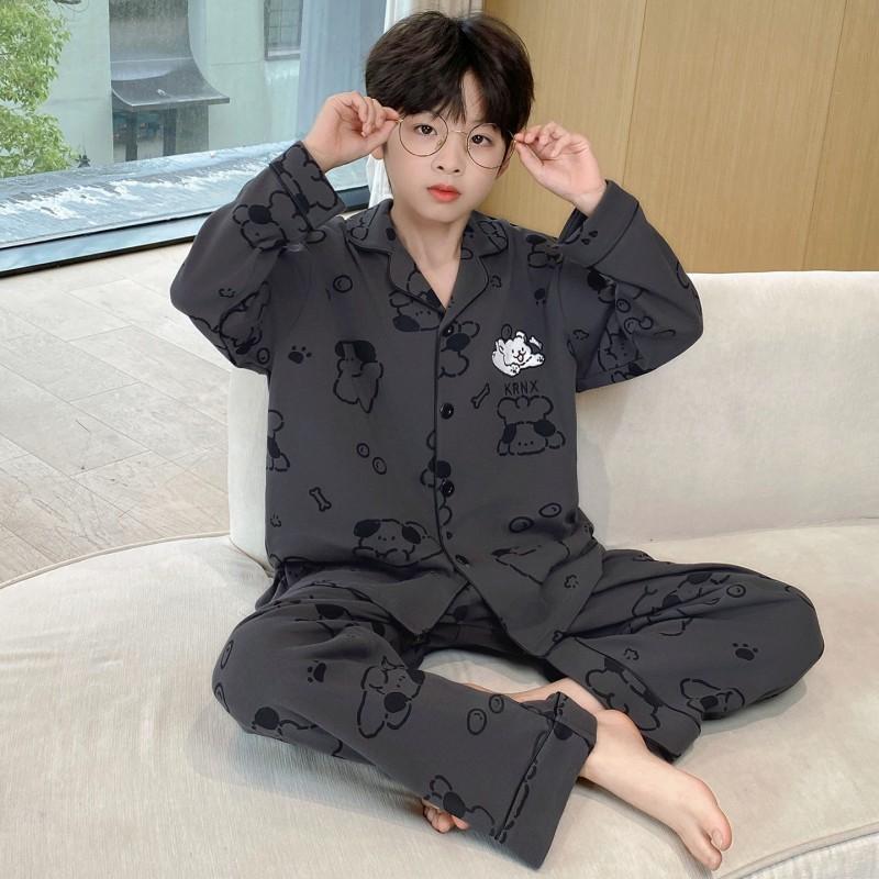 Boys Cotton Pajama Set Long Sleeve Open Front Cartoon Print Home Wear Kids Teens
