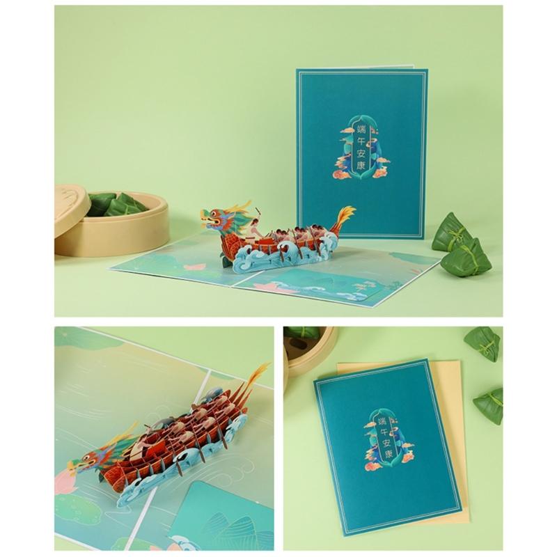 3D Pop-Up Dragon Boats Cards Chinese Dragon Boats Festival Greeting Card with Envelope Fathers Day Postcards Decoration