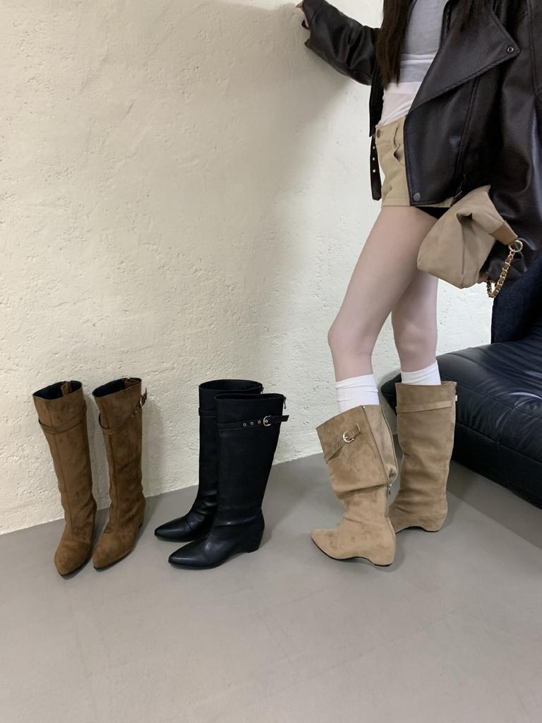 Autumn and winter new boots square head inner height increase belt buckle straight boots retro sleeve women's boots