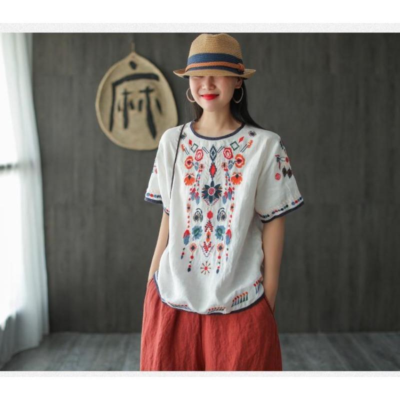 Ethnic Style Cotton and Linen Embroidered T-shirt for Women Summer Retro Loose Versatile Short-sleeved Top