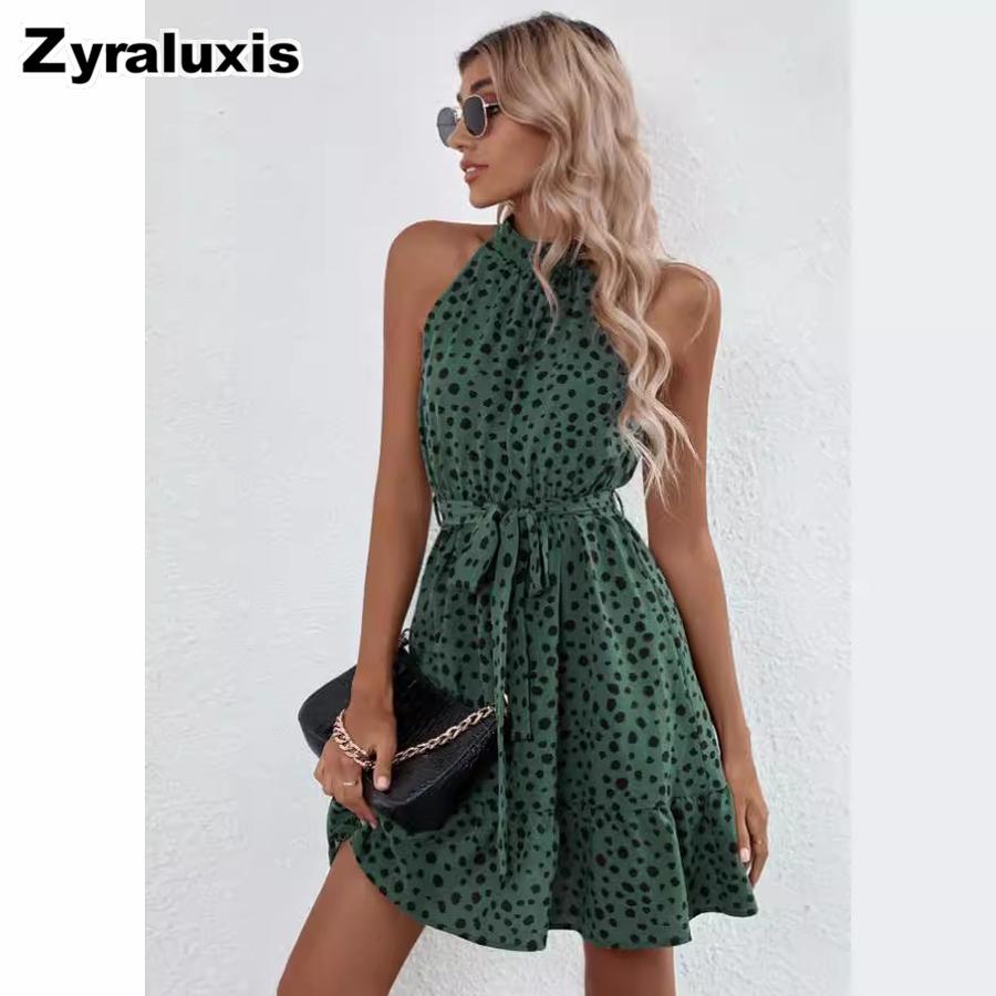 Summer New Women's Dresses Sleeveless Polka Dot Tie-Up Ruffled Hem Dress