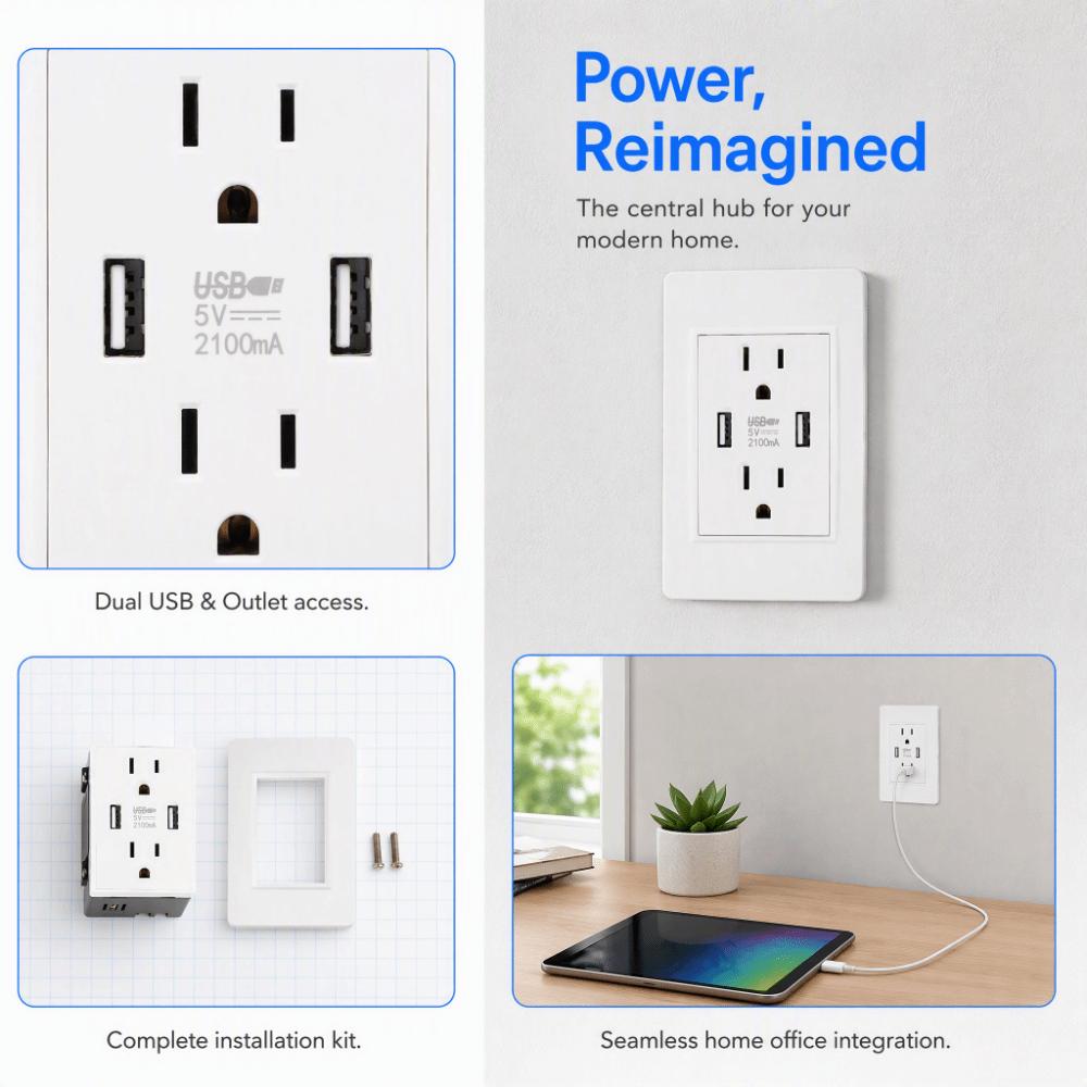 10A Charging Power Outlet White AC USB Outlet Durable USB Wall Outlet Home