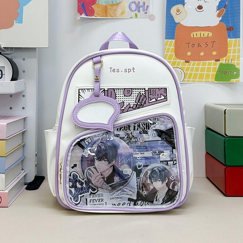 

JIAERDI Color Block Comic Backpack Women Anime Badge Transparent Ita Bag Ladies Large Capacity Waterproof Campus Mochilas Mujer 28x33x10cm фиолетовый