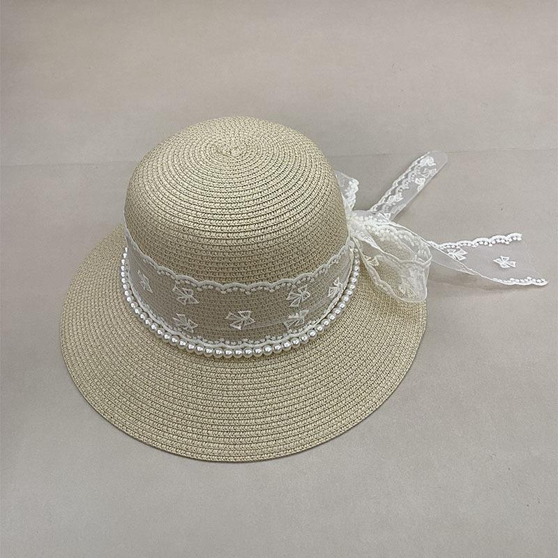 Delle Sweet Pearl Lace Bow Straw Hat Women'S Seaside Beach Hat French Straw Top Hat Sunscreen